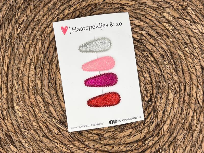 Haarspeldjes Saar - kerstcollectie - glitters - klikklakspeldje - zilver, roze, roze en rood