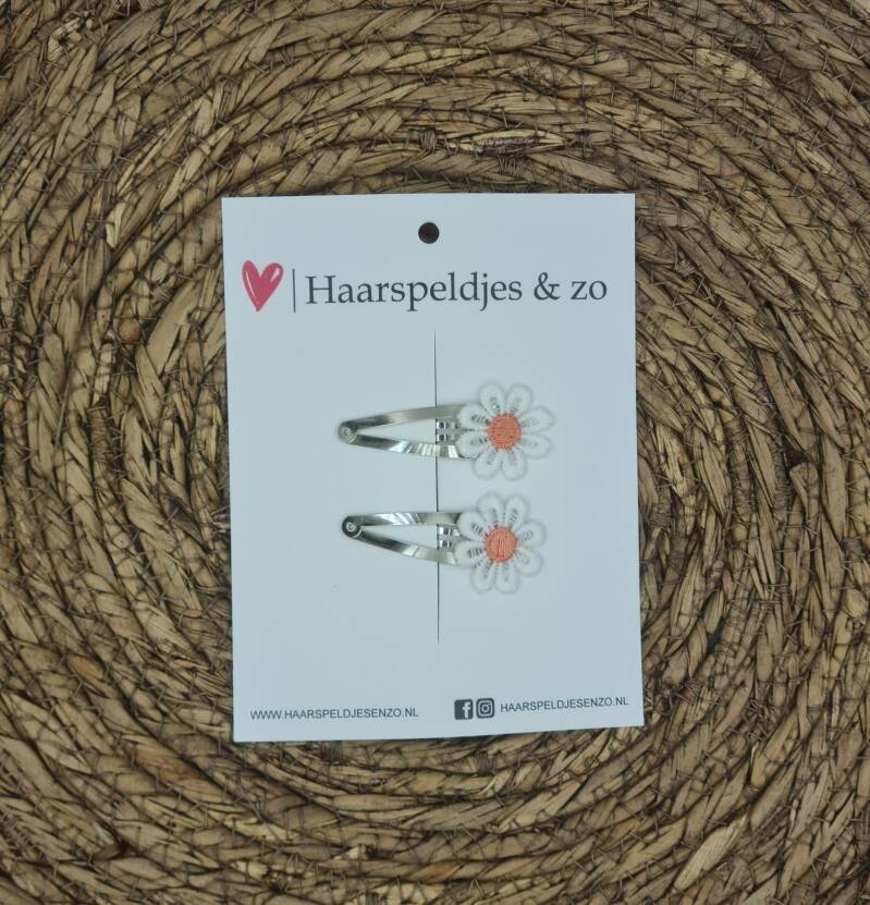 Haarspeldje Flower - daisy - madeliefjes - perzik/roze — 4 cm / zilver