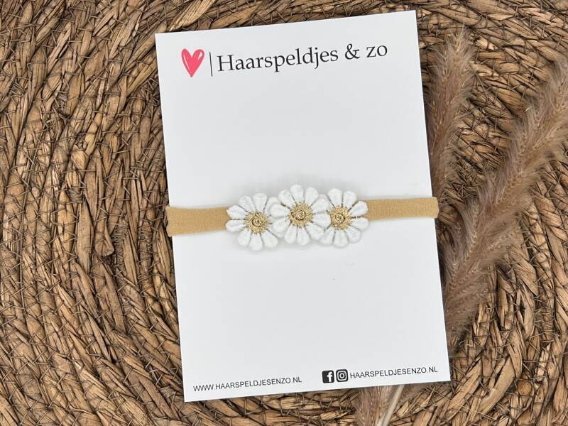 Baby haarbandje - elastiek - met madeliefjes - goud - bloemen - bloemetjes