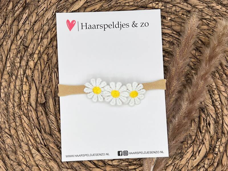 Baby haarbandje - elastiek - met madeliefjes - geel - bloemen - bloemetjes