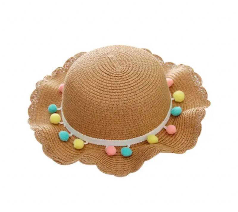 Zomerhoed stro - meisjes - mode - kinderen - zomer - khaki hoed met gekleurde pompons eraan