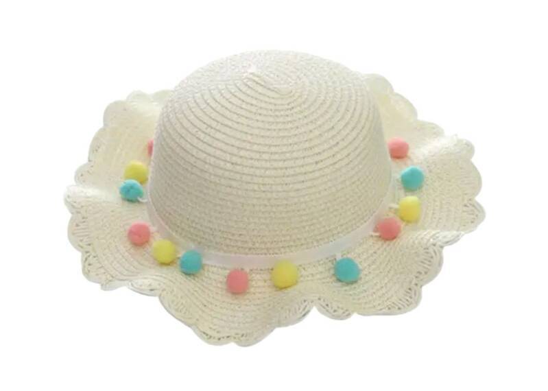 Zomerhoed stro - meisjes - mode - kinderen - zomer - witte hoed met gekleurde pompons eraan