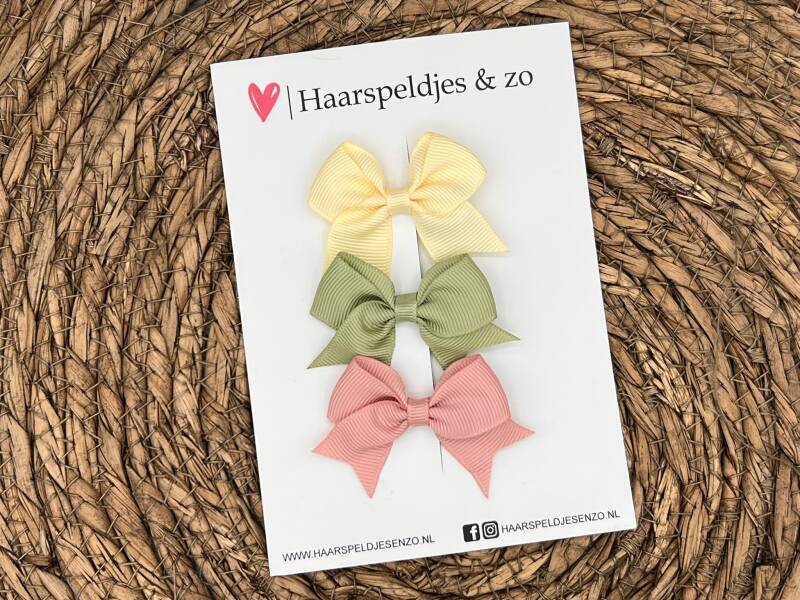 Haarstrik Mila setje 14 - set van drie strikken - lint - alligatorclip - geel/groen/roze