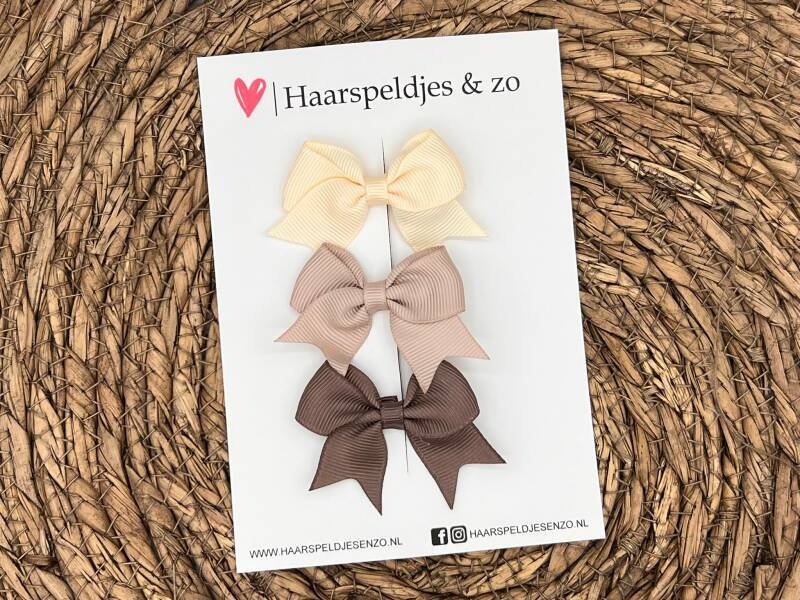 Haarstrik Mila setje 15 - set van drie strikken - lint - alligatorclip - créme/taupe/bruin