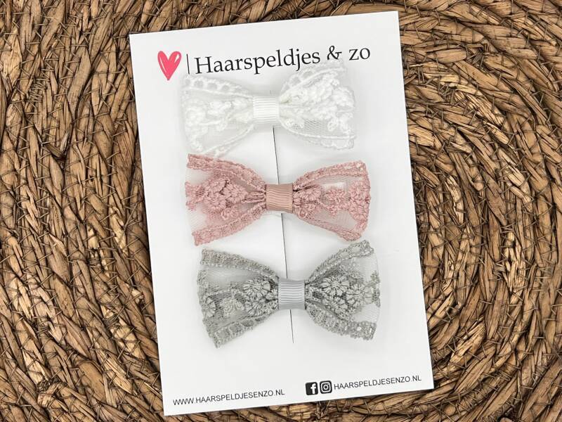 Haarstrik Flo setje 25 - set van drie strikken - kant - alligatorclip - wit/lila/grijs