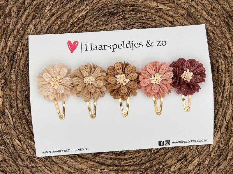 Haarspeldjes Blossem setje 4 - bloemen in bloei - beige khaki taupe roze lila — 5 cm speldjes