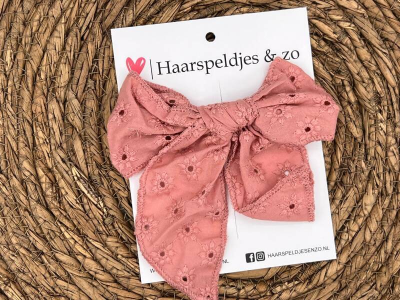 Haarstrik Flo setje 28 - grote strik - stof/kant - alligatorclip - roze