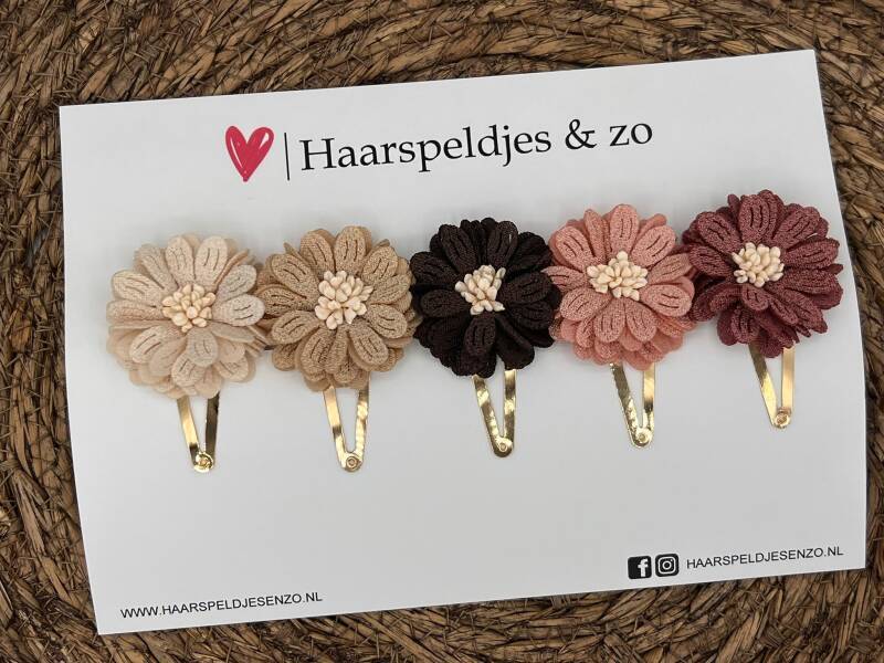 Haarspeldjes Blossem setje 12 - bloemen in bloei - beige/khaki/bruin/roze — 3 cm speldjes