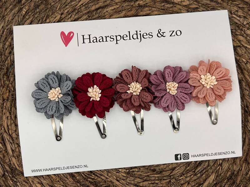 Haarspeldjes Blossem setje 13 - bloemen in bloei - grijs/rood/roze/lila/paars — 5 cm speldjes
