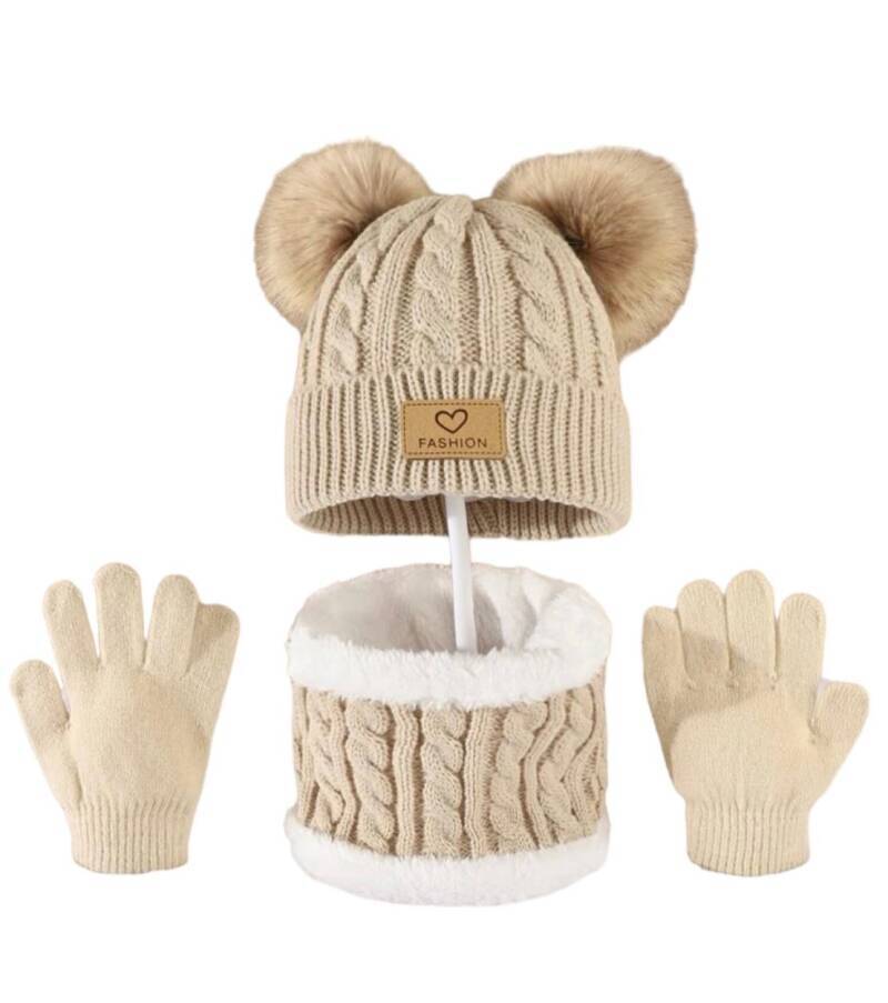 Muts, sjaal en handschoenen - khaki - met twee grote pompons - kind - peuter - kleuter