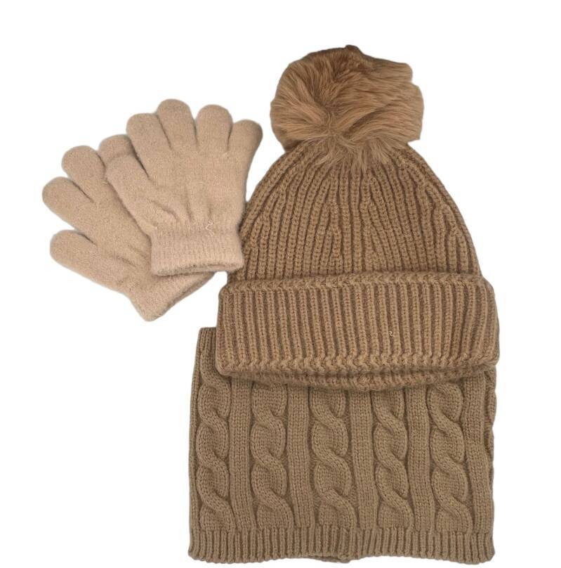 Muts, sjaal en handschoenen - khaki - met grote pompon - kind - peuter - kleuter - fluffy