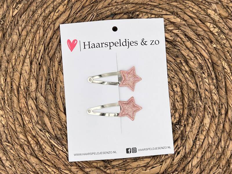 Haarspeldje ‘Stars’ - ster - sterretje - applicatie- glitters - roze - kerst – feestdagen — 3 cm speldjes