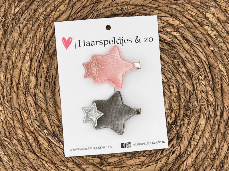 Barrette ‘Stars’ - applique - combinaison de motifs sur pince crocodile (grande) - étoile - petite étoile - paillettes et velours - rouge - rose - gris - argent - Noël - fêtes de fin d'année