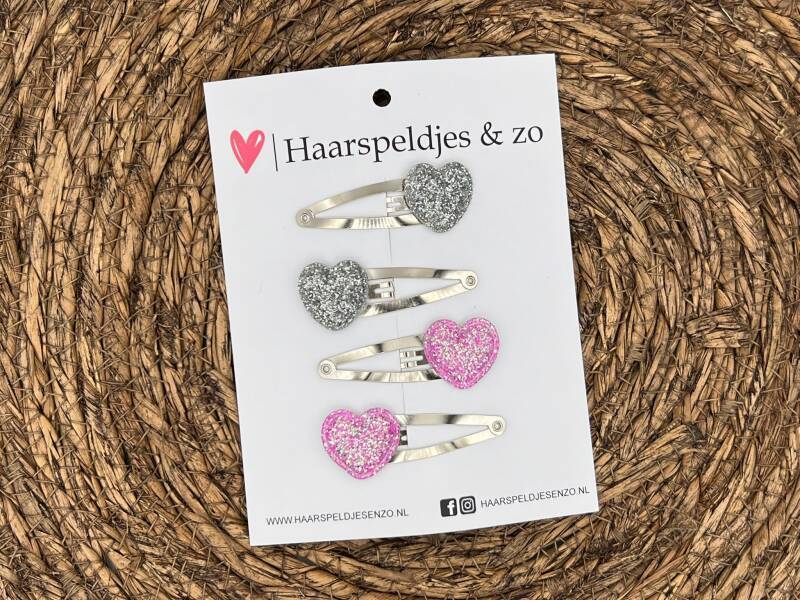 Hair clip 'Hearts' - heart - little heart - application - glitter - silver - pink - Christmas - holidays — 5 cm clips