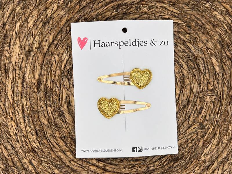 Haarspeldje ‘Hearts’ - hart – hartje - applicatie- glitters - goud - kerst - feestdagen — 5 cm speldjes