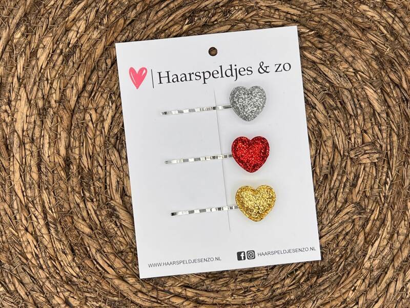 Lot de 5 épingles à cheveux - pince à cheveux - barrette - barrette - Noël - paillettes - argent - rouge - or - cœurs