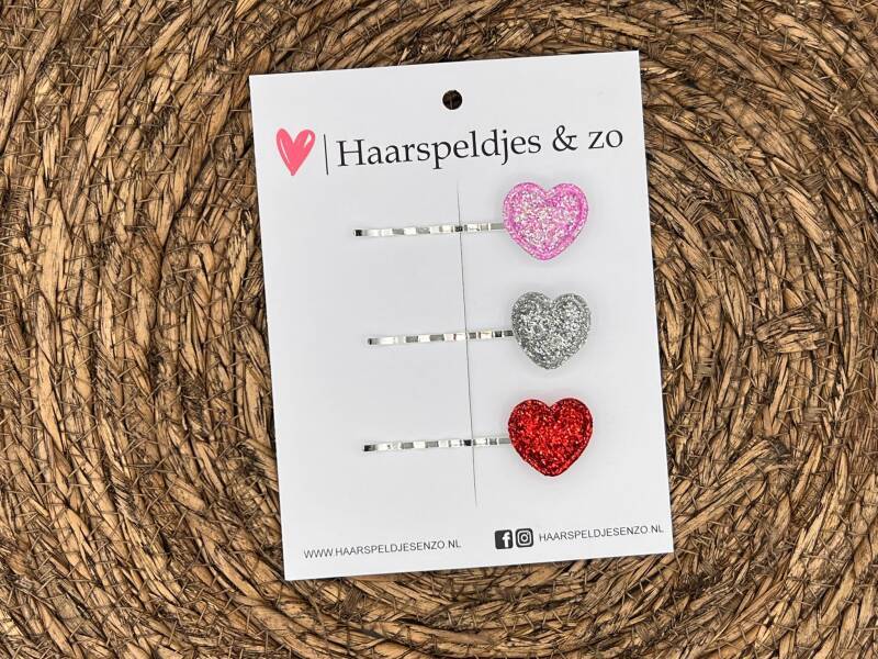 Lot de 6 épingles à cheveux - pince à cheveux - barrette - barrette - Noël - paillettes - argent - rose - rouge - cœurs