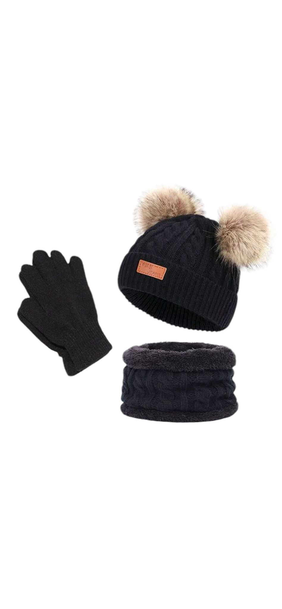 Muts, sjaal en handschoenen - zwart - met twee grote pompons - kind - peuter - kleuter