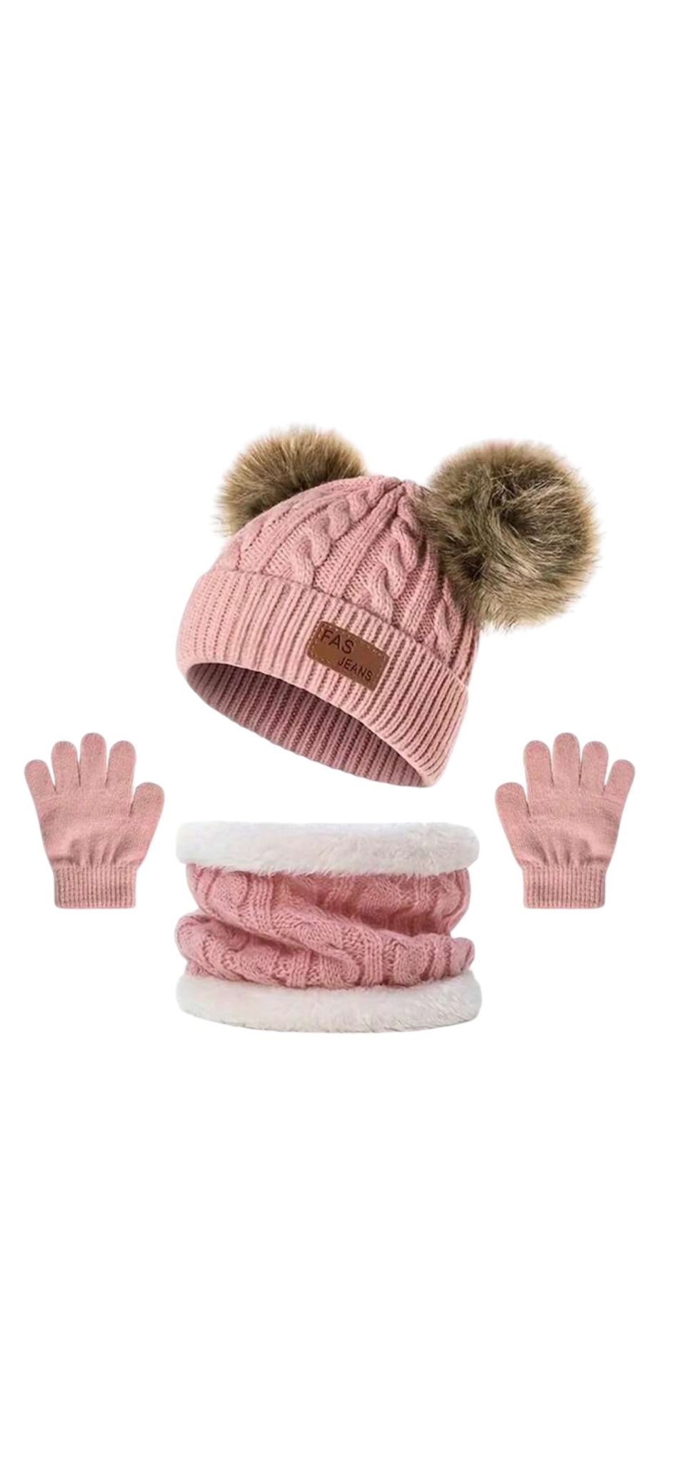 Muts, sjaal en handschoenen - roze - met twee grote pompons - kind - peuter - kleuter