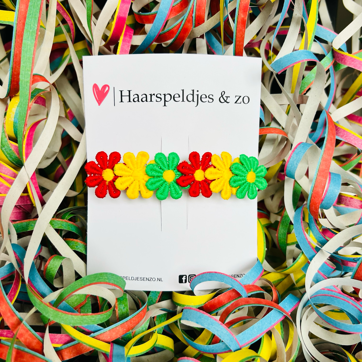 rood/geel/groen (rode/gele/groene) madeliefjes op French Barrette - carnaval - haaraccessoires