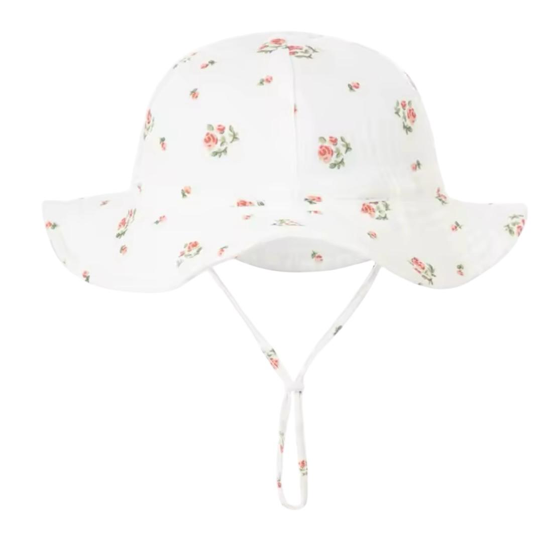 Zomerhoed baby - dreumes - meisje - jongen - zonnehoed - zomer - hydrofiele stof - katoen - wit met bloemetjes