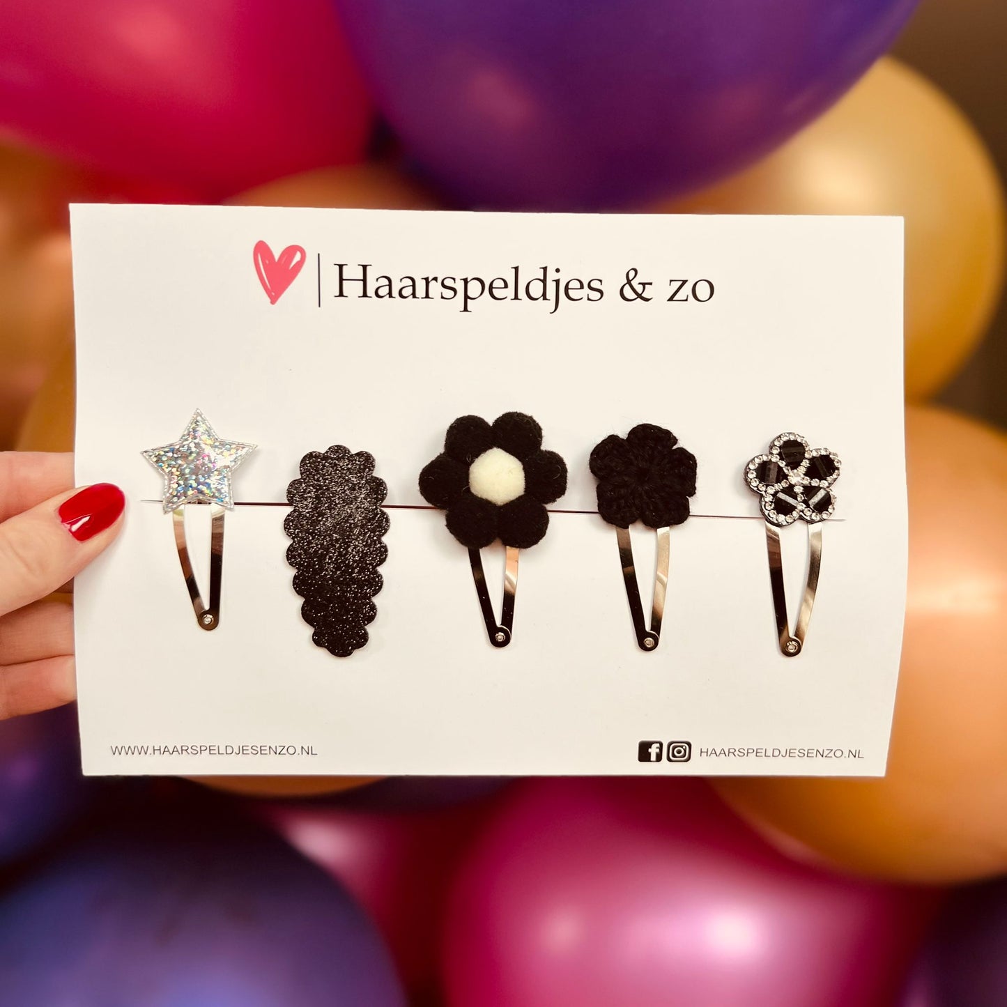 Try-out mix - application - mix of different pins - flowers - 5 cm pins - Christmas - holidays - glitter - shiny - black