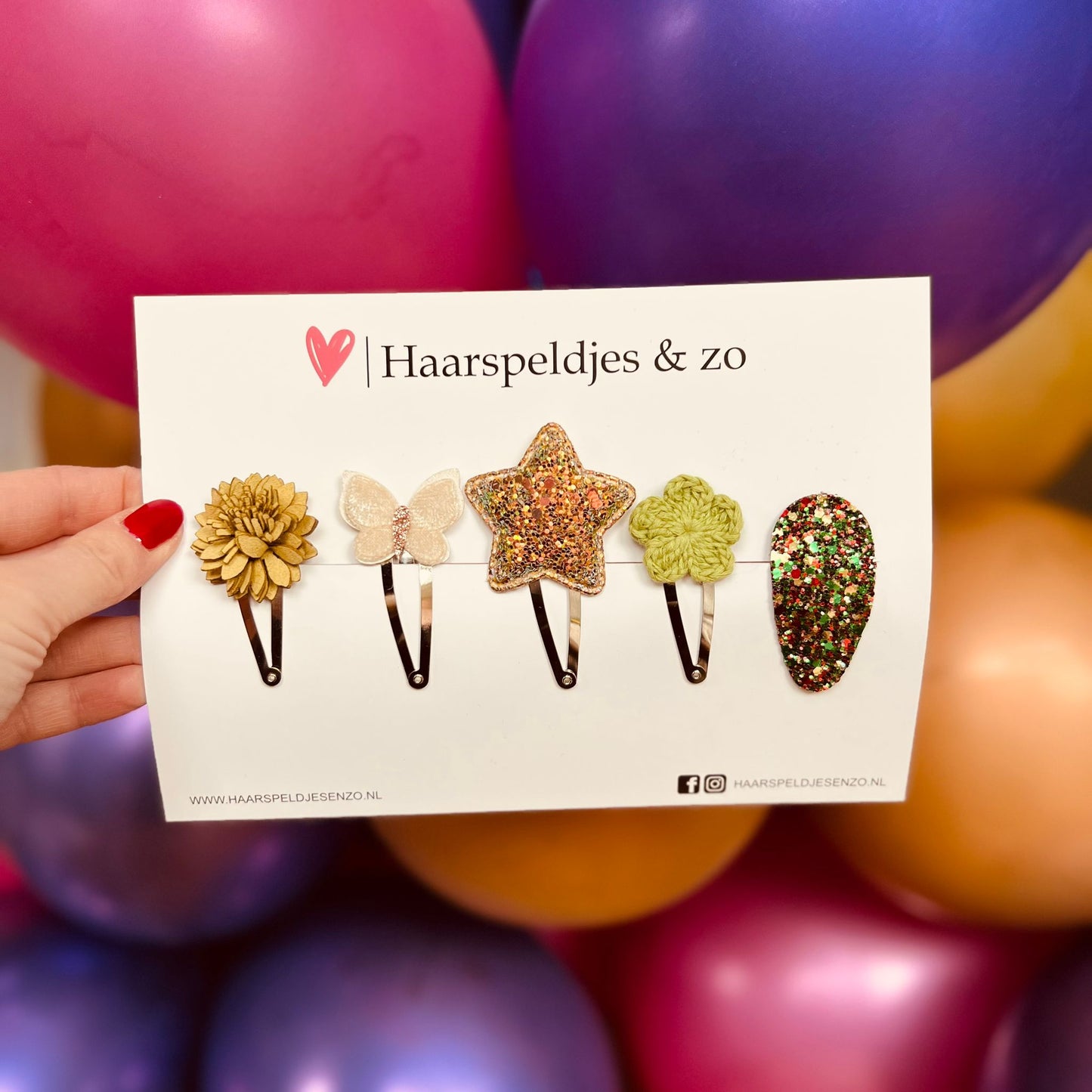 Try-out mix - application - mix of different pins - flowers - 5 cm pins - Christmas - holidays - glitter - shiny - green