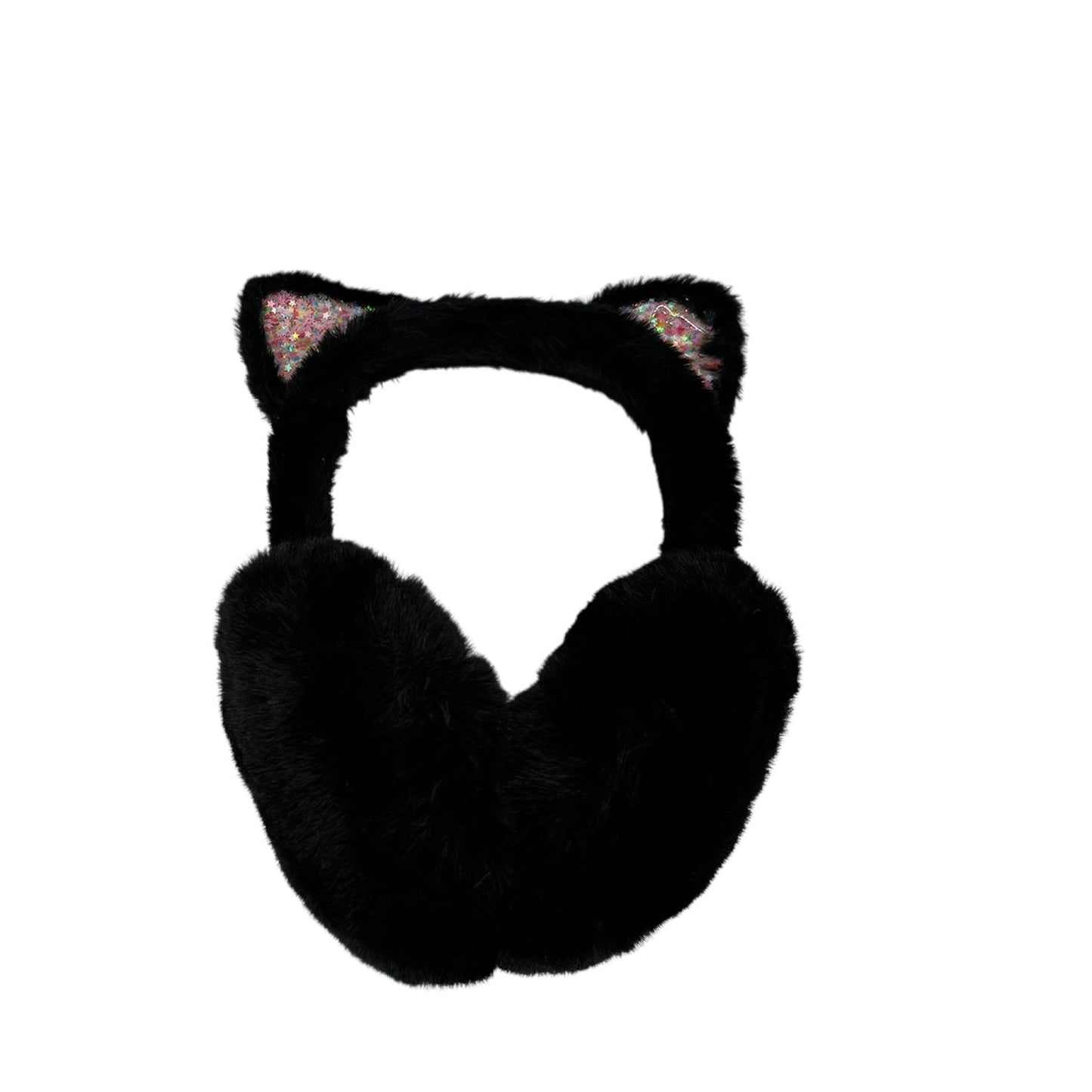Earmuffs for children - winter - warm - girls - black - cat ears - with glitter stars