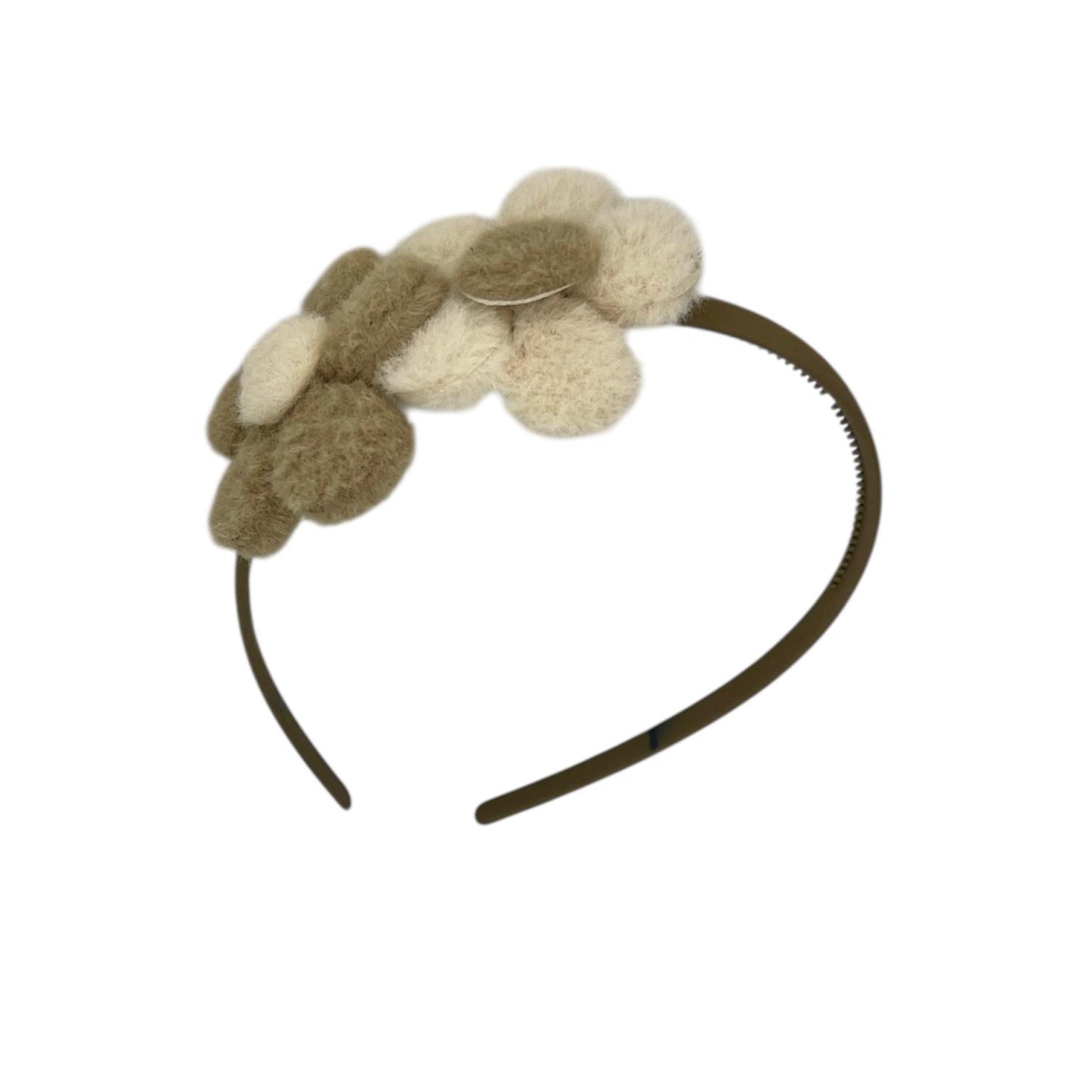 Flower headband - woolly furry flowers - khaki colored headband - beige/brown
