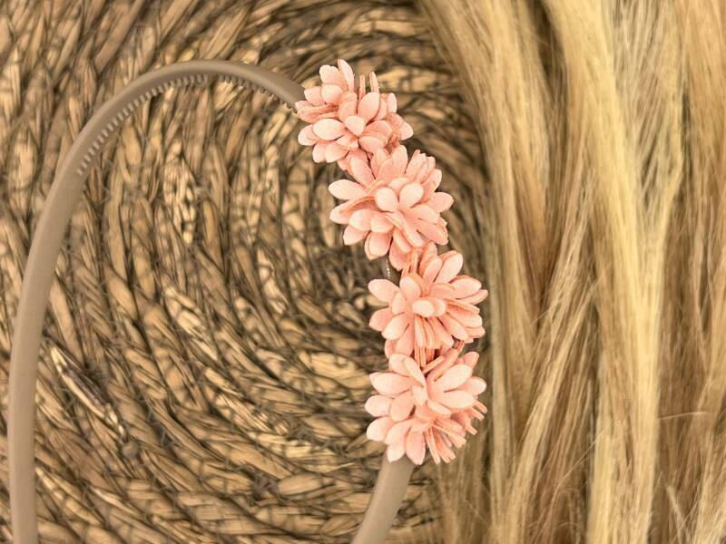 Diadeem leather flower - leren bloemetjes - zwart kleur diadeem - roze