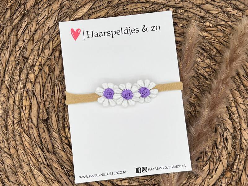 Baby haarbandje - elastiek - met madeliefjes - lila - bloemen - bloemetjes