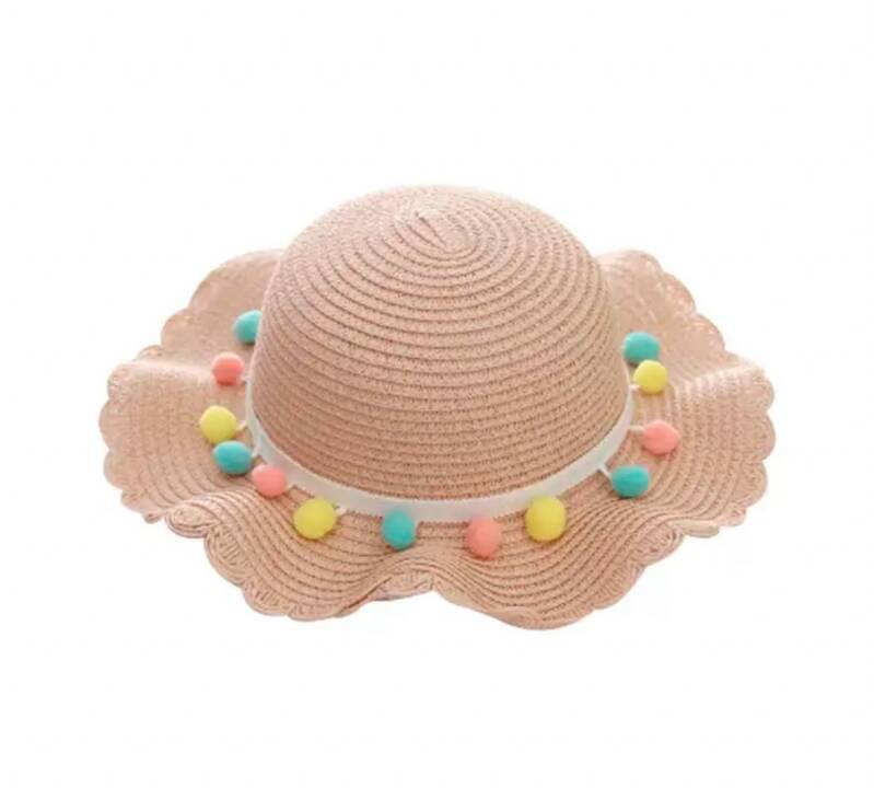 Zomerhoed stro - meisjes - mode - kinderen - zomer - roze hoed met gekleurde pompons eraan