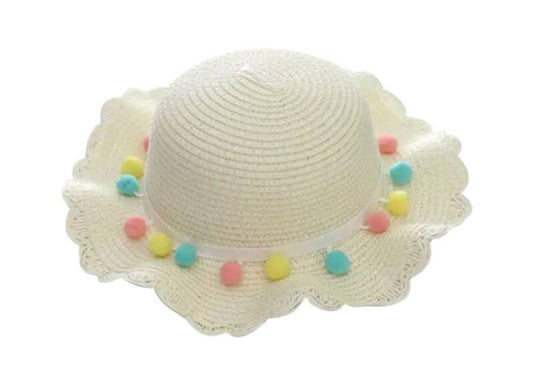Zomerhoed stro - meisjes - mode - kinderen - zomer - witte hoed met gekleurde pompons eraan