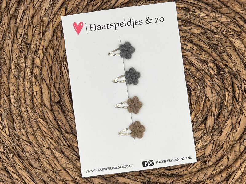 Baby haarspeldjes setje 8 - mini - 2cm groot - voor de eerste lokjes haar - bloemetjes - wol