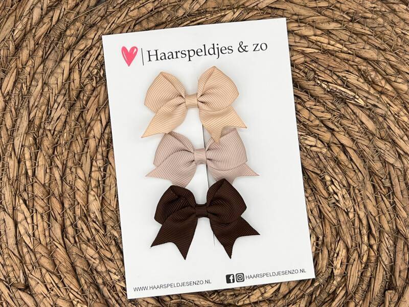 Haarstrik Mila setje 12 - set van drie strikken - lint - alligatorclip - beige/taupe/bruin