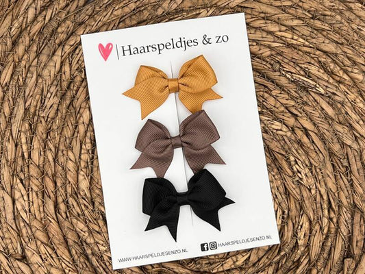 Haarstrik Mila setje 13 - set van drie strikken - lint - alligatorclip - bruin/blauw/okergeel