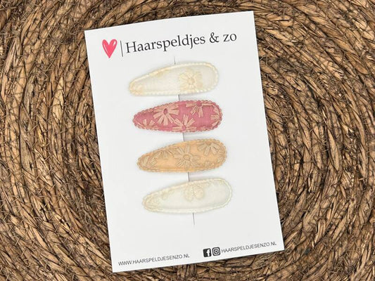 Flo hair clip set 14 - set of four hair clips - fabric/lace - beige - pink - taupe