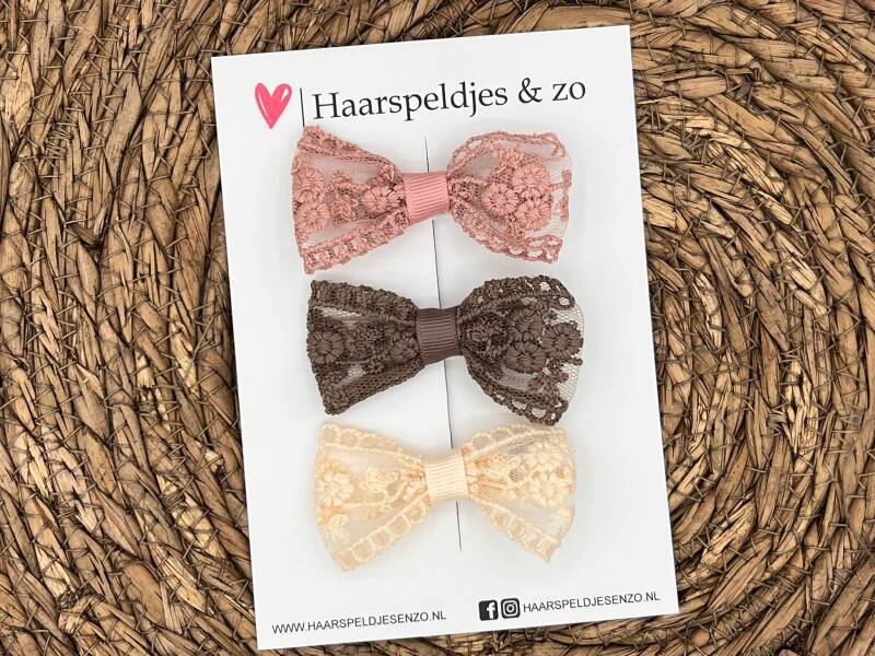 Haarstrik Flo setje 26 - set van drie strikken - kant - alligatorclip - beige/bruin/roze