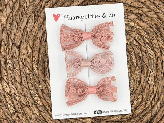 Haarstrik Flo setje 27 - set van drie strikken - kant - alligatorclip - roze/lila/roze