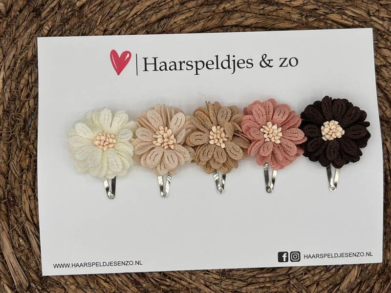 Haarspeldjes Blossem setje 14 - bloemen in bloei - beige/khaki/roze/bruin — 4 cm speldjes
