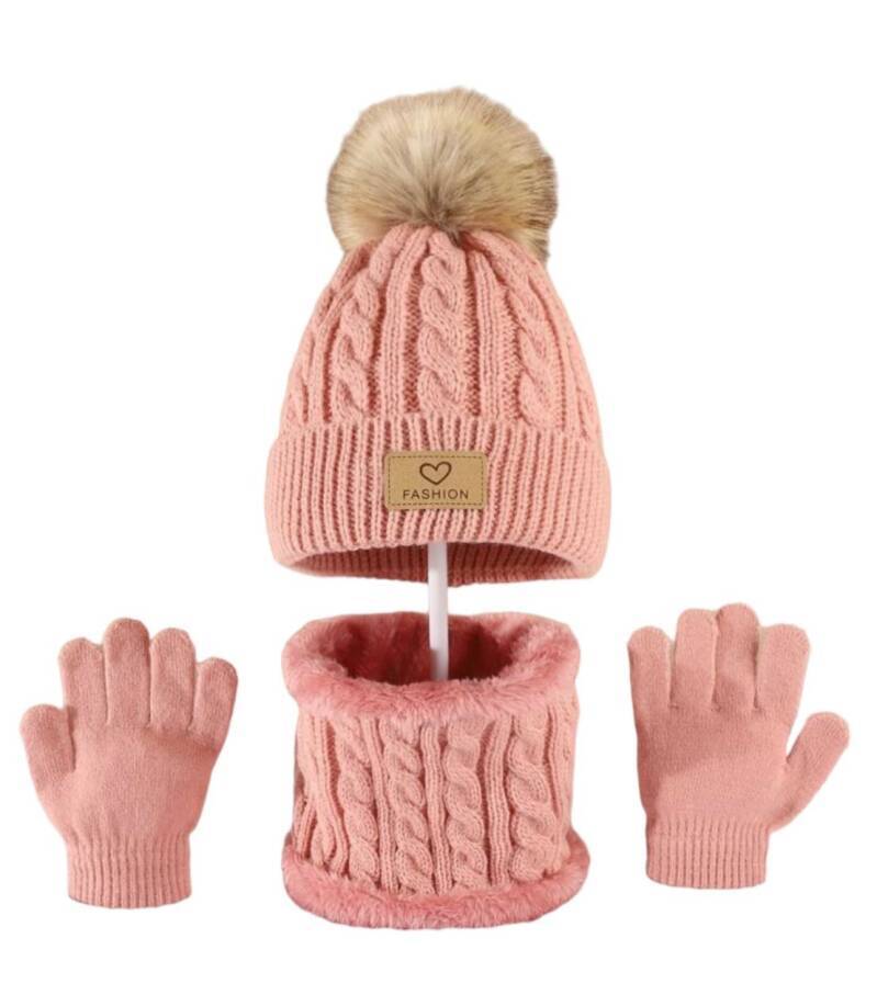 Muts, sjaal en handschoenen - roze - met grote pompon - kind - peuter - kleuter