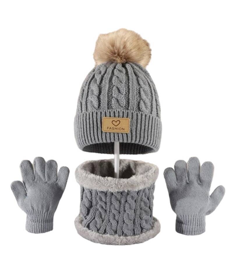 Muts, sjaal en handschoenen - grijs - met grote pompon - kind - peuter - kleuter