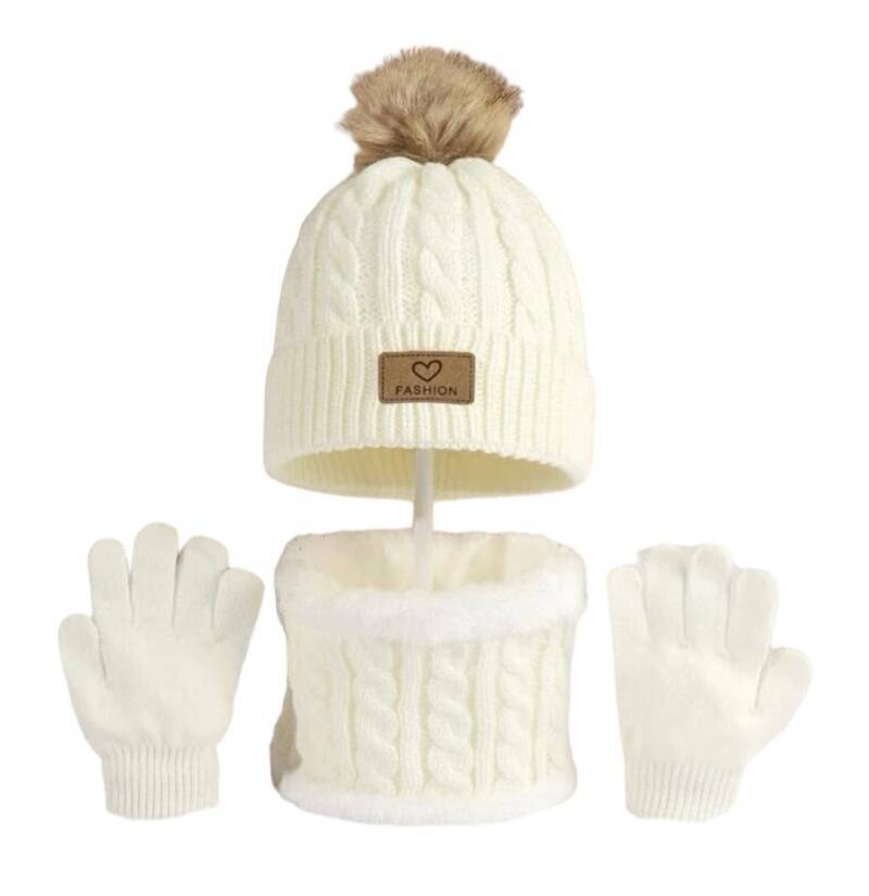 Muts, sjaal en handschoenen - wit/beige - met grote pompon - kind - peuter - kleuter