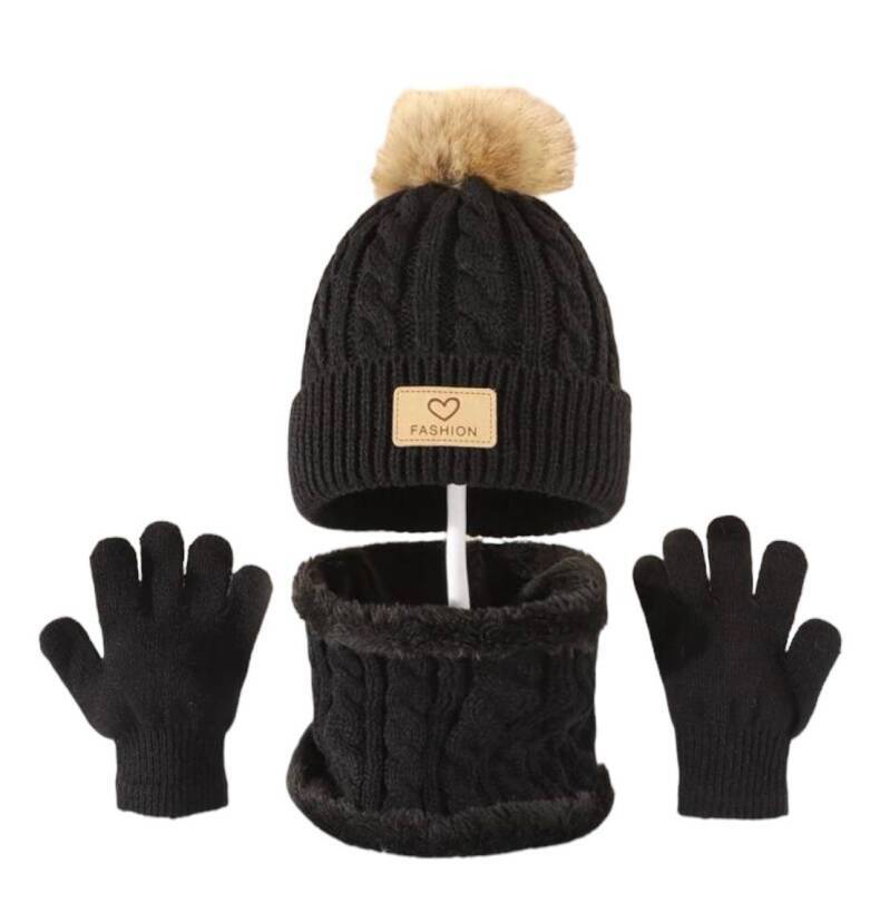 Muts, sjaal en handschoenen - zwart - grote pompon - kind - peuter - kleuter
