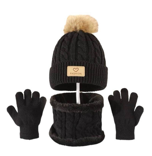 Muts, sjaal en handschoenen - zwart - grote pompon - kind - peuter - kleuter