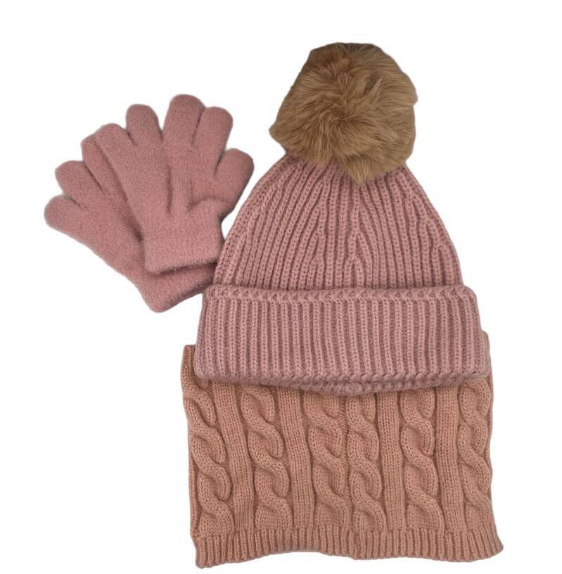 Muts, sjaal en handschoenen - roze - met grote pompon - kind - peuter - kleuter - fluffy