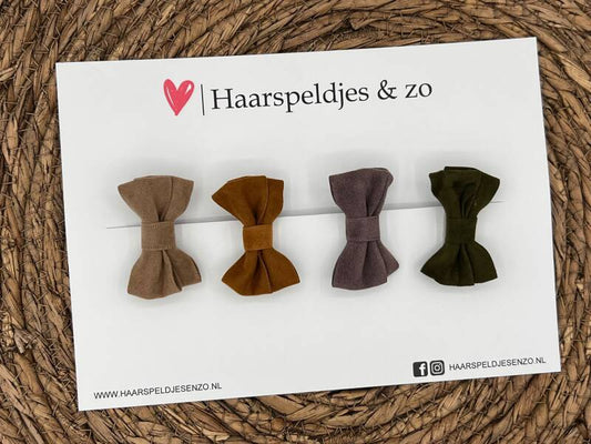 Haarstrik Mila setje 17 - set van vier strikken - suede - alligatorclip - taupe - cognac - lila - groen