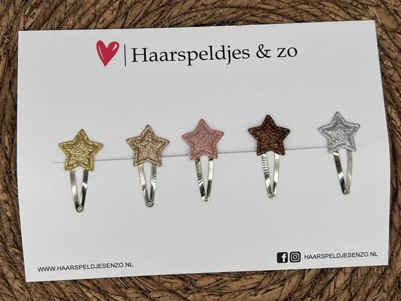 Haarspeldje ‘Stars’ - mix - ster - sterretje - applicatie- glitters - goud - roze - bruin - zilver - kerst – feestdagen — 3 cm speldjes