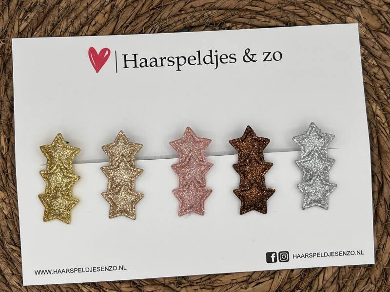 Haarspeldje ‘Stars’ - mix op alligatorclip (groot) - ster - sterretje - glitters - goud - roze - bruin - zilver - kerst – feestdagen