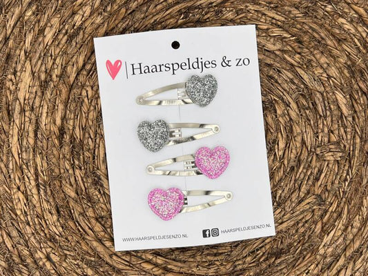 Haarspeldje ‘Hearts’ - hart - hartje - glitters - zilver - roze - kerst - feestdagen — 5 cm speldjes